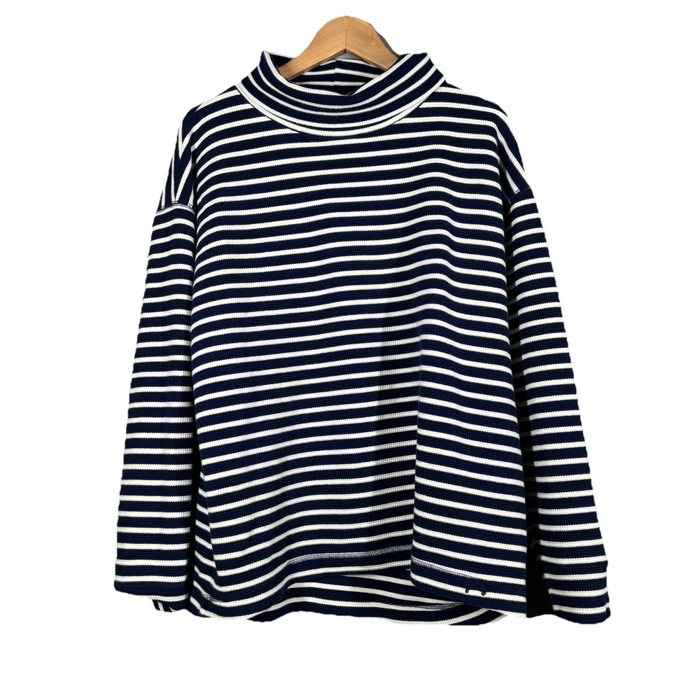 Lands End Sweater Womens Large 14-16 Blue White  Striped Turtleneck Pullover